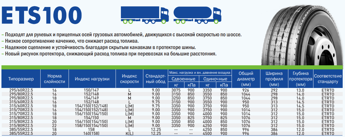 Грузовые шины LingLong 315/70R22.5 ETS100 154/150L 16PR TL
