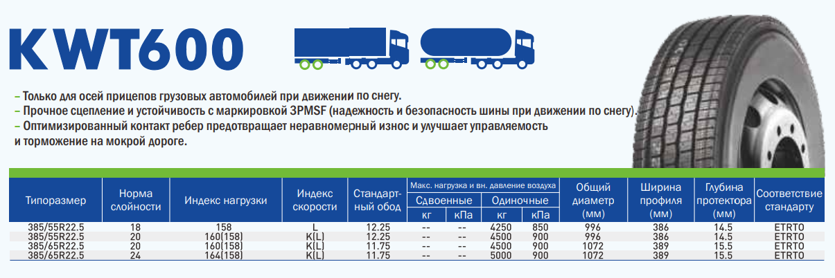 Грузовые шины LingLong 385/65R22.5 KWT600 164K 24PR TL