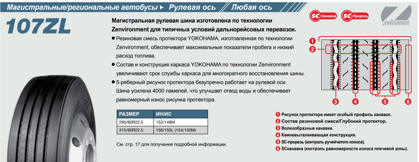 Грузовая шина Yokohama 107ZL 295/80 R22.5 152/148M, рулевая ось