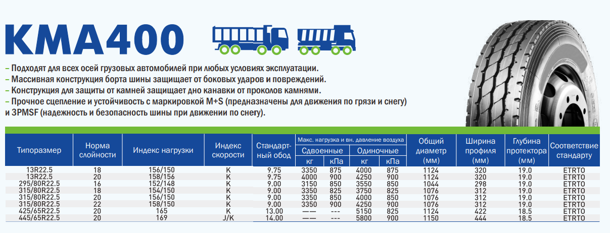 Грузовые шины LingLong 315/80R22.5 KMA400 154/150K 18PR TL
